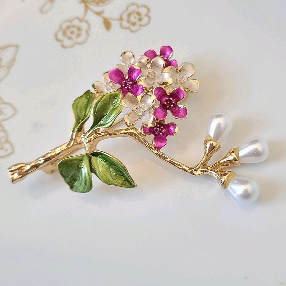 14k Gold Plum Blossoms Spring Branch Pearl Brooch Pin NWT